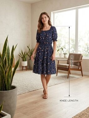 Old Navy Navy Floral Puff Sleeve Mini Dress Smocked Neckline Stripe Rayon S